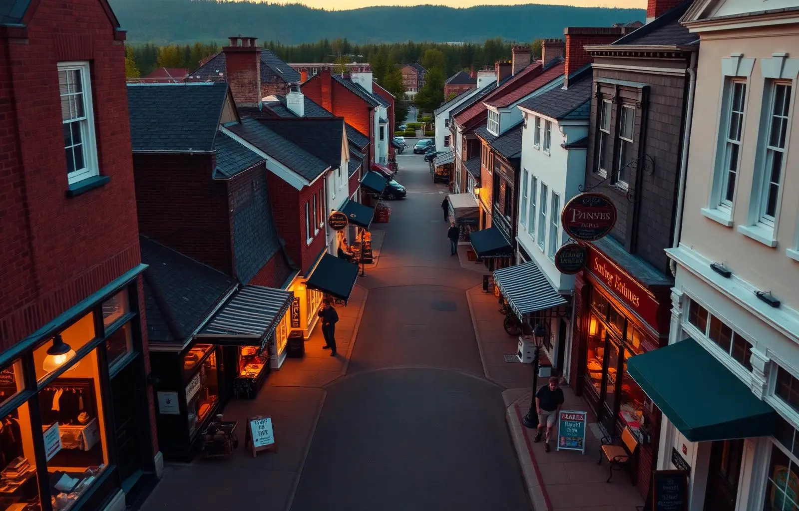 Local main street at golden hour with independent shops